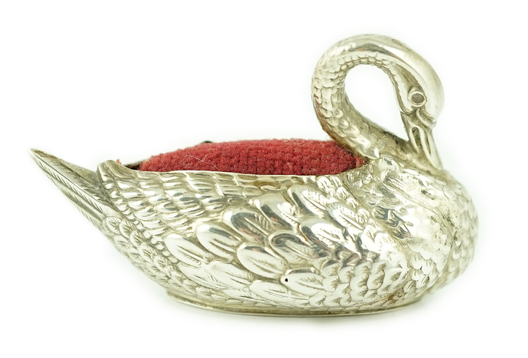 An Edwardian novelty silver pin cushion, modelled as a swan, Adie & Lovekin Ltd